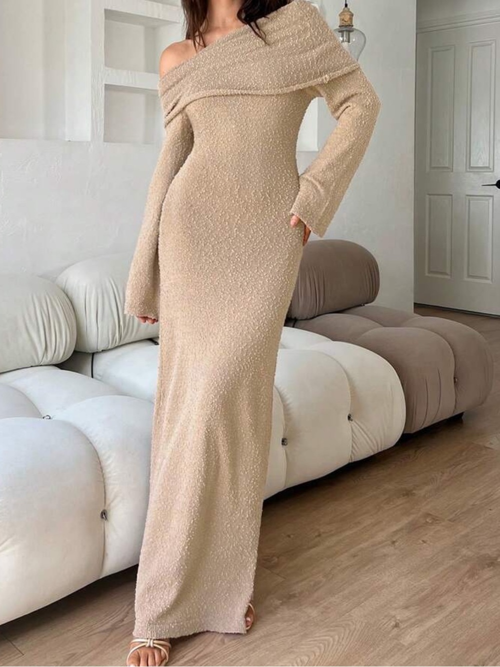 SHEIN One-Shoulder Beige Maxi Dress
